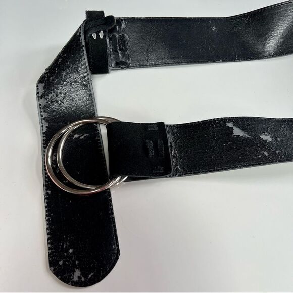 Killer Vintage 1970s Black Oversized Suede Leather Whipstitch Silver Ring Belt main image 5